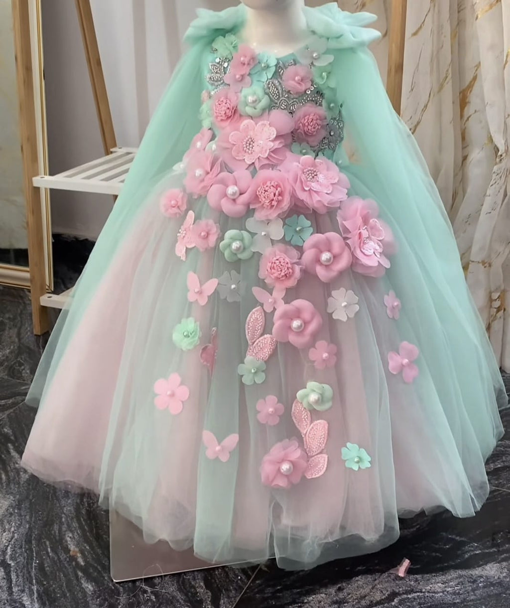 Handmade Mint & Pink Baby Dress | Luxury Girls Party Dress