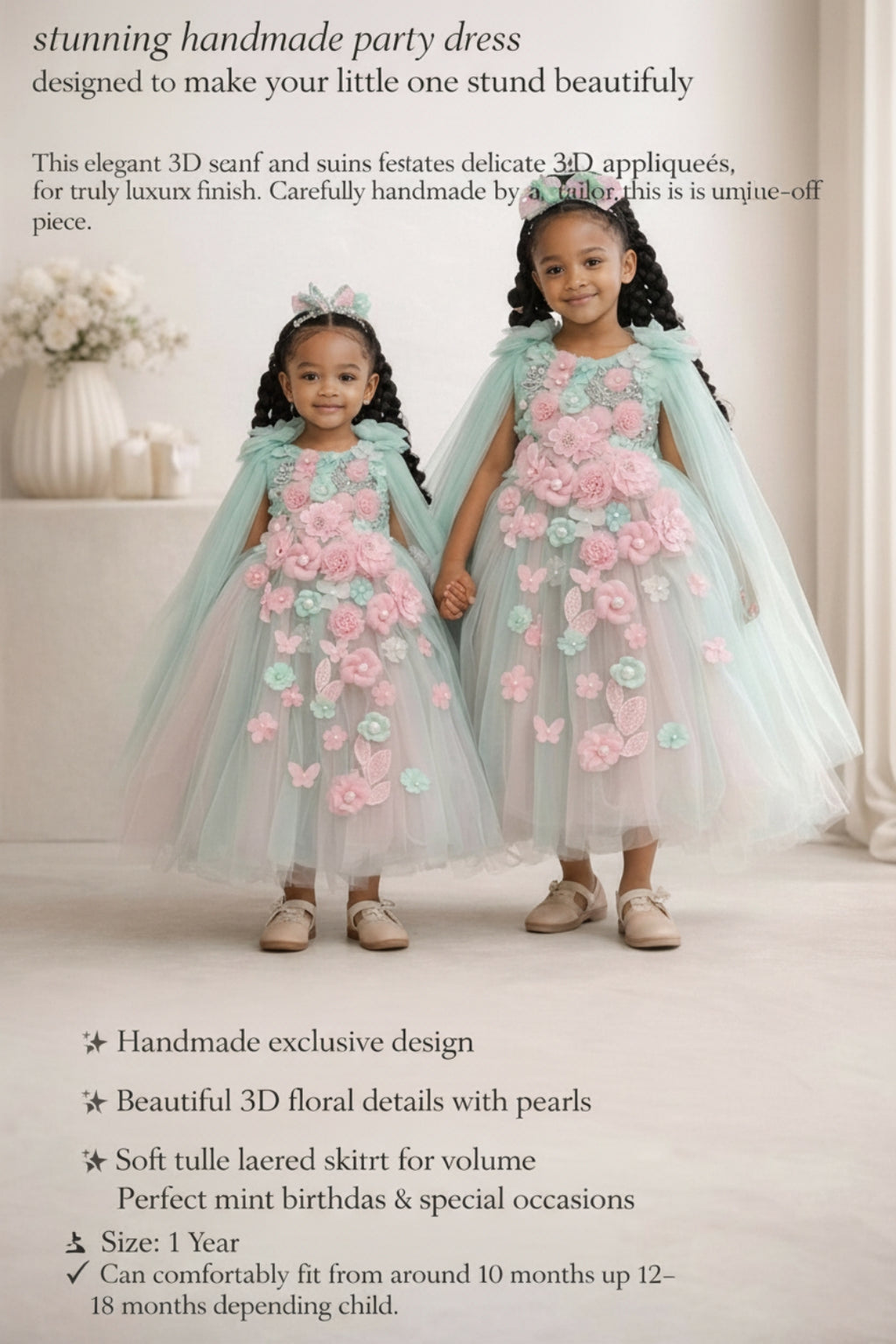 Handmade Mint & Pink Baby Dress | Luxury Girls Party Dress