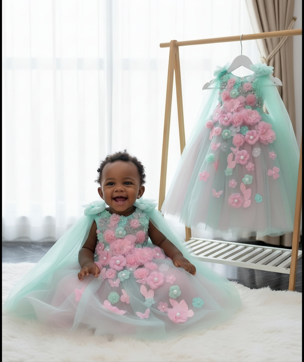 Handmade Mint & Pink Baby Dress | Luxury Girls Party Dress